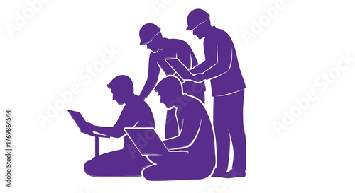 Team of professionals collaborating over plans a striking purple silhouette