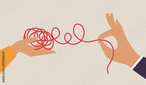 Untangle knot of problems and mental disorder vector illustration. Two hands hold tangled scribble ball to pull and unravel string
