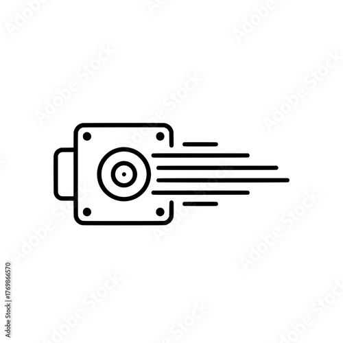 Icon of a camera lens with speed lines, representing photography and action