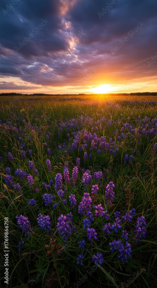 Fototapeta premium Brilliant golden hour light illuminates a sweeping meadow covered in vibrant violet-blue wildflowers under a stunning, colorful evening sky ,peaceful ,flowers ,sunset