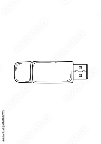 Simple Line Drawing of a USB Flash Drive on White Background
