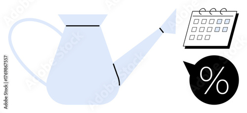 Watering can alongside a calendar and percentage sign. Ideal for investment, savings, growth planning, productivity, financial strategy, time management, and nurturing concepts. Simple flat metaphor