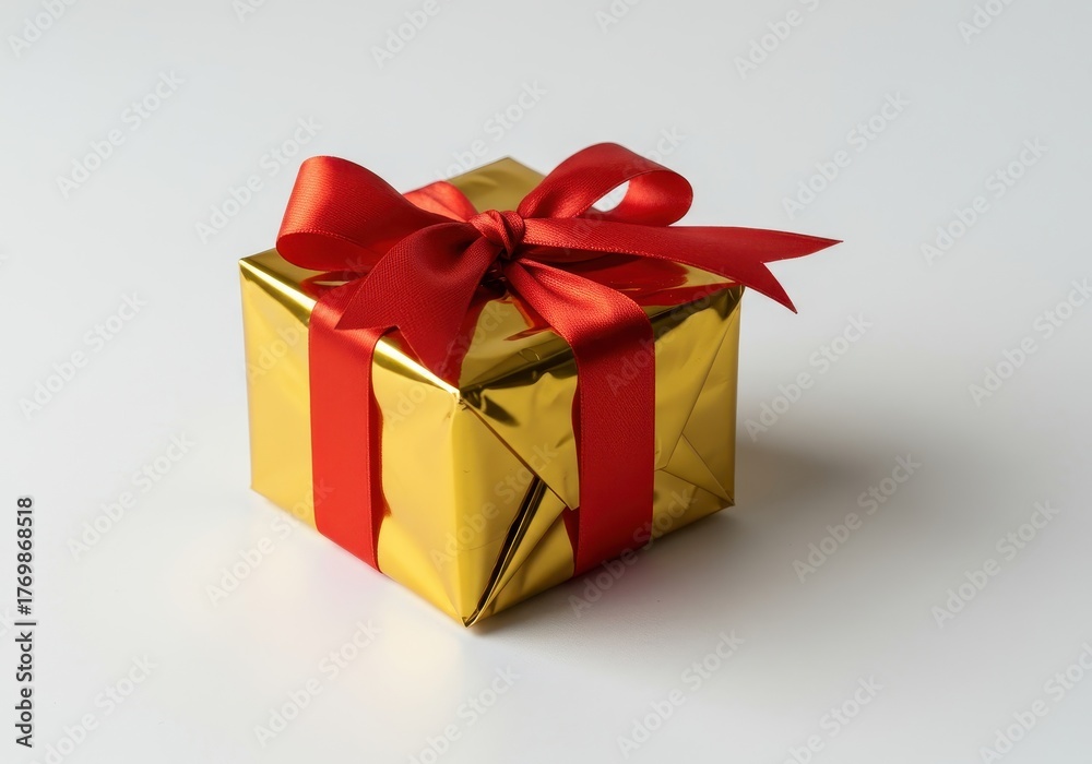 Obraz premium Elegant shiny gold wrapping paper covering a small square present box tied with a bright festive red satin ribbon bow on a clean white surface ,holiday ,special occasion ,colorful