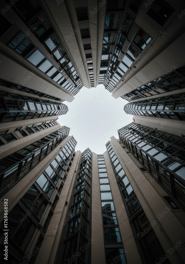 Fototapeta premium Looking straight up at a dizzying array of modern, smooth architectural facades and vertical lines, creating a sense of massive scale and height ,pattern ,lines ,imposing