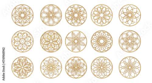 Collection of fifteen intricate golden circular mandala patterns and geometric ornaments on a black background, perfect for decorative design elements, cultural motifs, and spiritual art.