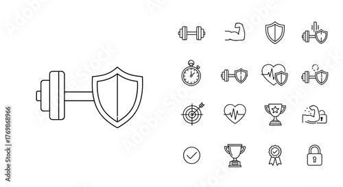 Minimalistic vector illustration of a dumbbell connected to a shield, symbolizing strength, protection, and fitness, ideal for web design, graphic design, apps, banners, social networks, and cards