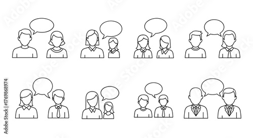 Faceless people talking in minimalistic outline icons, vector cartoon illustration set on a white background, representing communication, dialogue, and social interaction through simple line art