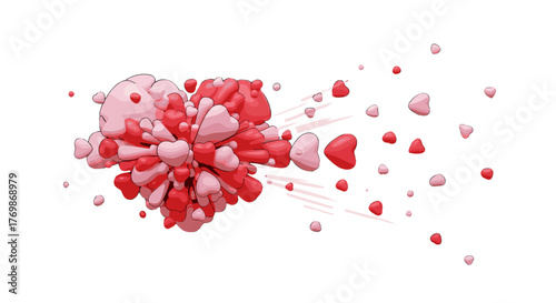 Explosion of red and pink hearts in a dynamic 3D animation, creating a motion graphic with particle effects and an alpha channel, perfect for conveying love and passion in a vivid, cartoon-like
