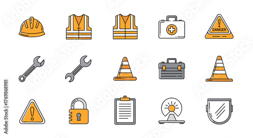 A comprehensive collection of contractor safety management icons, featuring a hard hat, safety vests, wrenches, traffic cones, first aid kit, toolbox, danger sign, lock, clipboard, safety shield, and