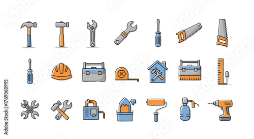 A vibrant and diverse collection of construction and home repair icons, meticulously designed with clean lines and a modern aesthetic, perfect for illustrating DIY projects, renovation, and building