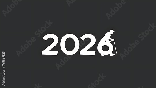 White year number with a silhouette of an elderly person with a cane on a dark gray background