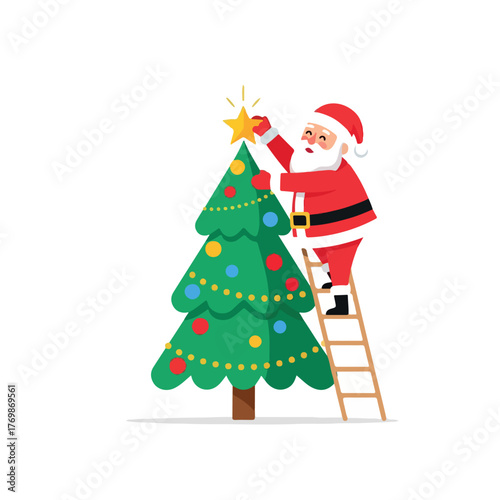 Santa Claus on a ladder putting a star on a Christmas tree.