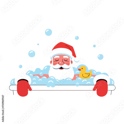 Funny Santa Claus character taking a relaxing bubble bath with a rubber duck.