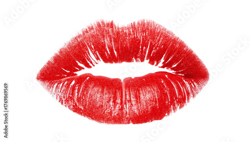 Realistic macro photograph of a sensual red lipstick kiss print showing detailed lip texture isolated on a pure white canvas