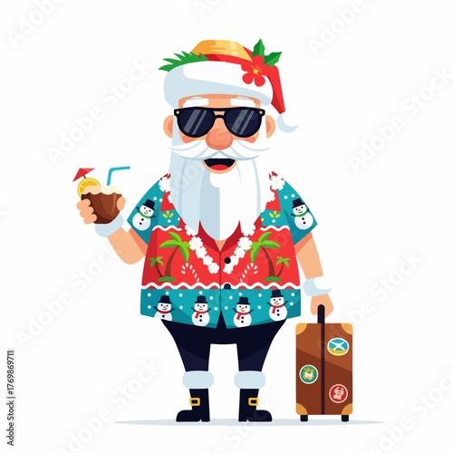 Santa Claus on a tropical Christmas vacation with suitcase and cocktail.