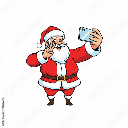 Cartoon Santa Claus taking a selfie with a smartphone and showing a peace sign.