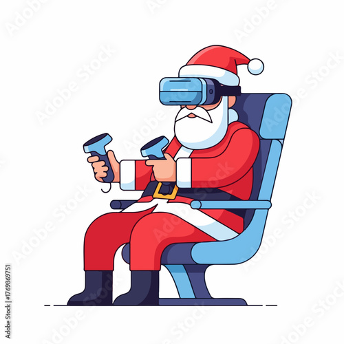 Santa Claus wearing a virtual reality headset and holding controllers while sitting in a modern chair.