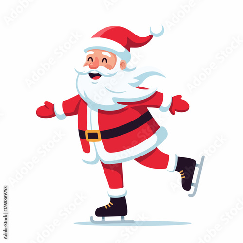 Joyful cartoon Santa Claus character ice skating on a frozen surface.