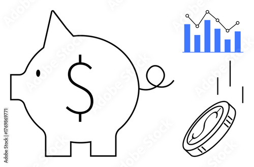 Minimalist piggy bank with dollar sign, falling coin, and financial bar chart icon. Ideal for finance, budgeting, saving, investment, economic planning, wealth growth simple flat metaphor
