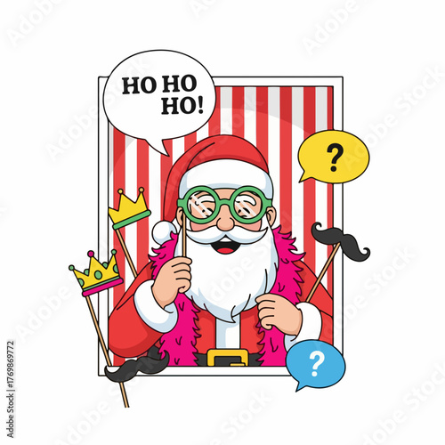 Funny Santa Claus character in a Christmas photo booth with props.