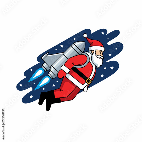 Santa Claus flying with a rocket jetpack in space cartoon illustration.