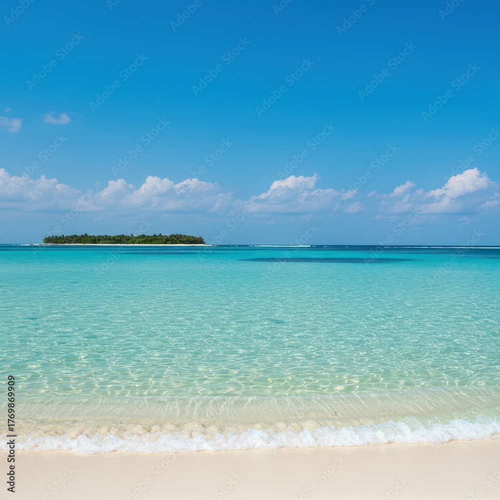 Obraz premium Crystal clear turquoise lagoon water gently lapping against a white sand beach near an uninhabited tropical island shoreline view ,outdoor ,coral ,paradise