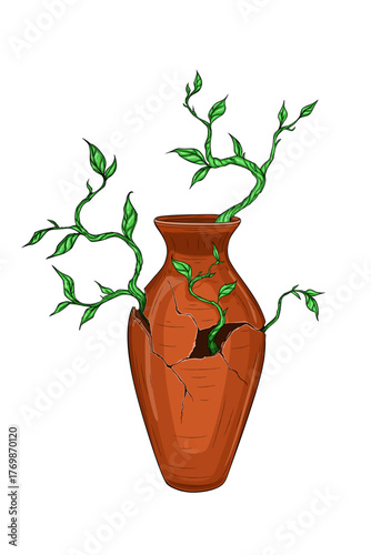 Ancient clay vase with growing sprout