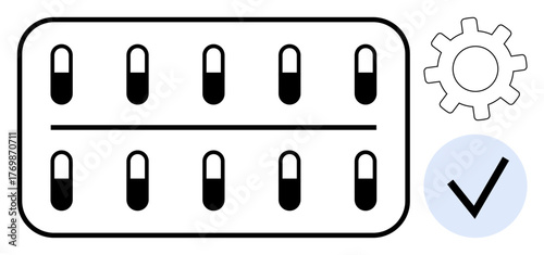 Medication blister pack with capsules, gear representing healthcare system optimization, checkmark for approval. Ideal for healthcare, pharmaceuticals, quality control, medication safety, efficiency