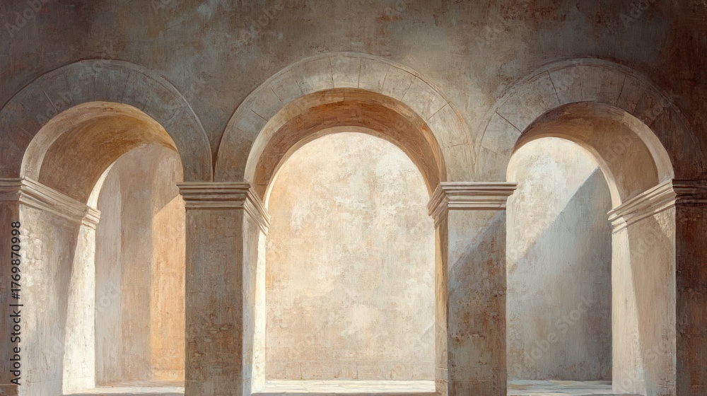 Fototapeta premium Aged archway colonnade, sunlight streams through, ancient architecture