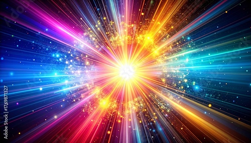 Colorful Starburst Light Explosion on Dark Background　鮮やかな光の爆発と放射状の七色の光線　デジタルイラスト