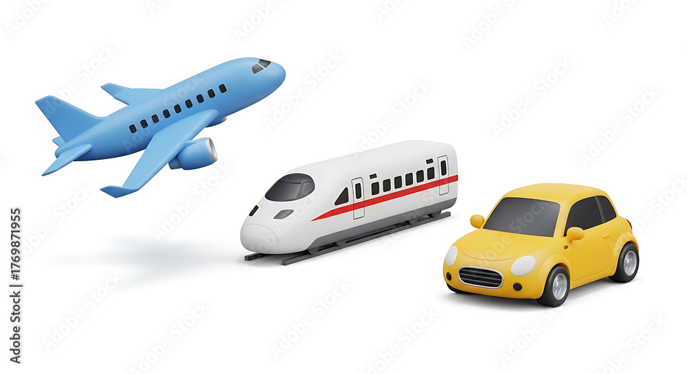Fototapeta premium Transportation icons Airplane, Train, and Car isolated on white for travel and movement themes