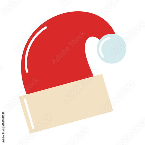 Simple flat style red Santa hat with soft brim and pom pom. Holiday icon for Christmas designs. Vector isolated illustration