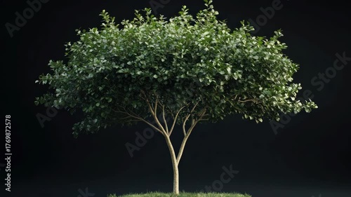 Bright green tree with full foliage against a black background.