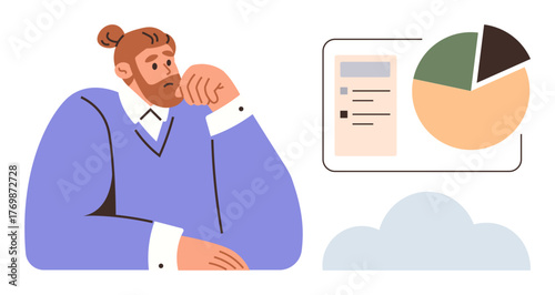 Man contemplating while observing a presentation with a pie chart and checklist. Ideal for analysis, strategy, planning, decision-making, productivity, business ideas, problem-solving. Simple flat