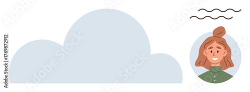 Portrait of a smiling woman with a bun hairstyle next to a light blue cloud and wavy black lines. Ideal for communication, cloud storage, internet, positivity, teamwork, user profile, creativity