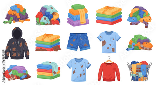 Illustration of assorted piles and stacks of clean and dirty laundry, including shirts, pants, and a hoodie.