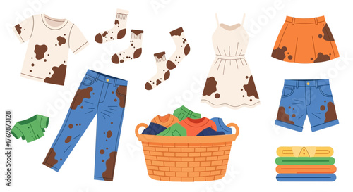 Collection of dirty clothes with mud stains, including a t-shirt, jeans, socks, dress, skirt, shorts, and a basket full of laundry, next to a stack of clean folded clothes.