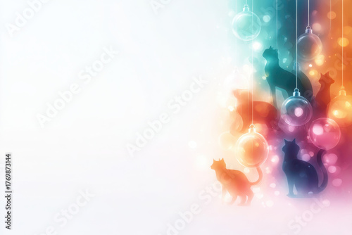 Joyful cats playing with colorful ornaments festive setting digital art whimsical atmosphere cat lovers concept