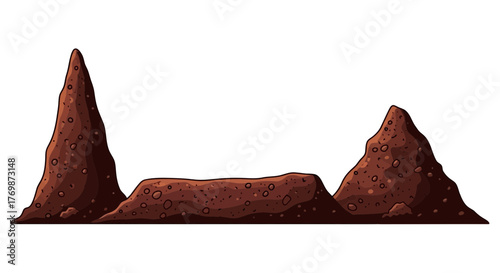 Illustration of a brown, rocky landscape featuring three distinct formations against a white background.