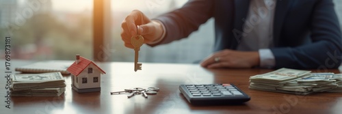 A person holds keys over a miniature house, calculator, and stacks of money on a table. Concept of real estate investment, homeownership, or financial planning is visualized.