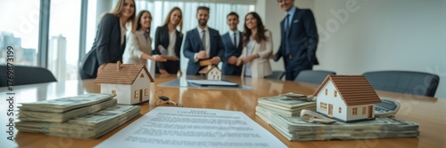 A group of professionals discuss real estate deals around a table with miniature houses and stacks of money. Concept of property investment, financial planning, and business success.