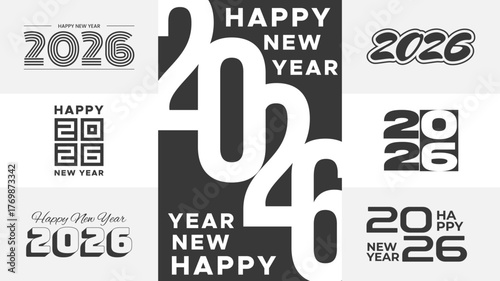 Various graphic designs showcasing "Happy New Year 2026" in different modern minimalist and stylish typography layouts and compositions