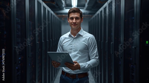 A man in a white shirt holds a tablet, standing in a modern server room, data center. Concept of digital technology, innovation, and modern business communication, AI, data security and analytics.