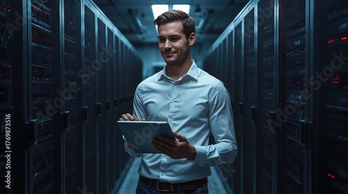 A man in a white shirt holds a tablet, standing in a modern server room, data center. Concept of digital technology, innovation, and modern business communication, AI, data security and analytics.