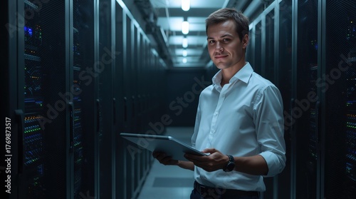 A man in a white shirt holds a tablet, standing in a modern server room, data center. Concept of digital technology, innovation, and modern business communication, AI, data security and analytics.