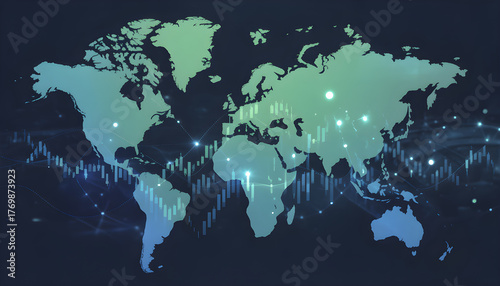 Digital world map with glowing financial graph lines and global connectivity theme               



