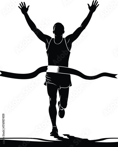 Triumphant Runner Crossing Finish Line in Victory Pose, Celebrating Achievement, Perseverance, Speed, and the Spirit of Competitive Success