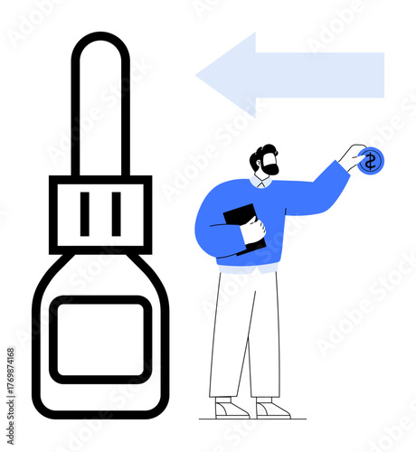 Large eye drop bottle next to a man holding documents and inspecting a dollar coin with an arrow pointing toward the bottle. Ideal for healthcare, cost decision, vision care, pharmaceutical pricing