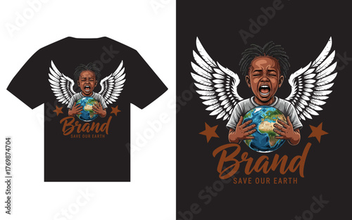 Child with wings holding earth, save our earth t shirt design