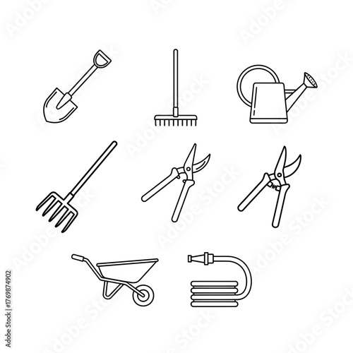 Gardening Tools Line Art Collection for Spring Projects: Shovel, Rake, Watering Can, Pruners, Wheelbarrow, and Hose for Lush Garden Designs and Fresh Outdoor Concepts